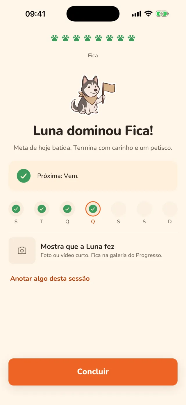 O fim da sessão: Luna dominou Fica, e a próxima lição é Vem.