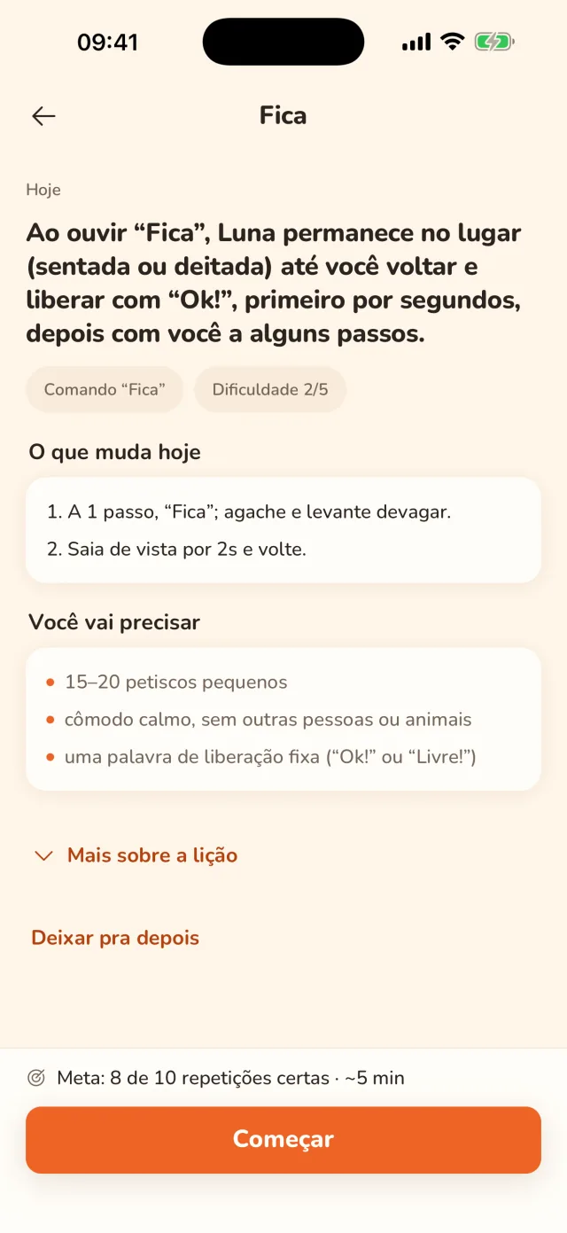 A lição Fica: o que muda hoje, o que separar antes de começar e a meta da sessão, cerca de 5 minutos.