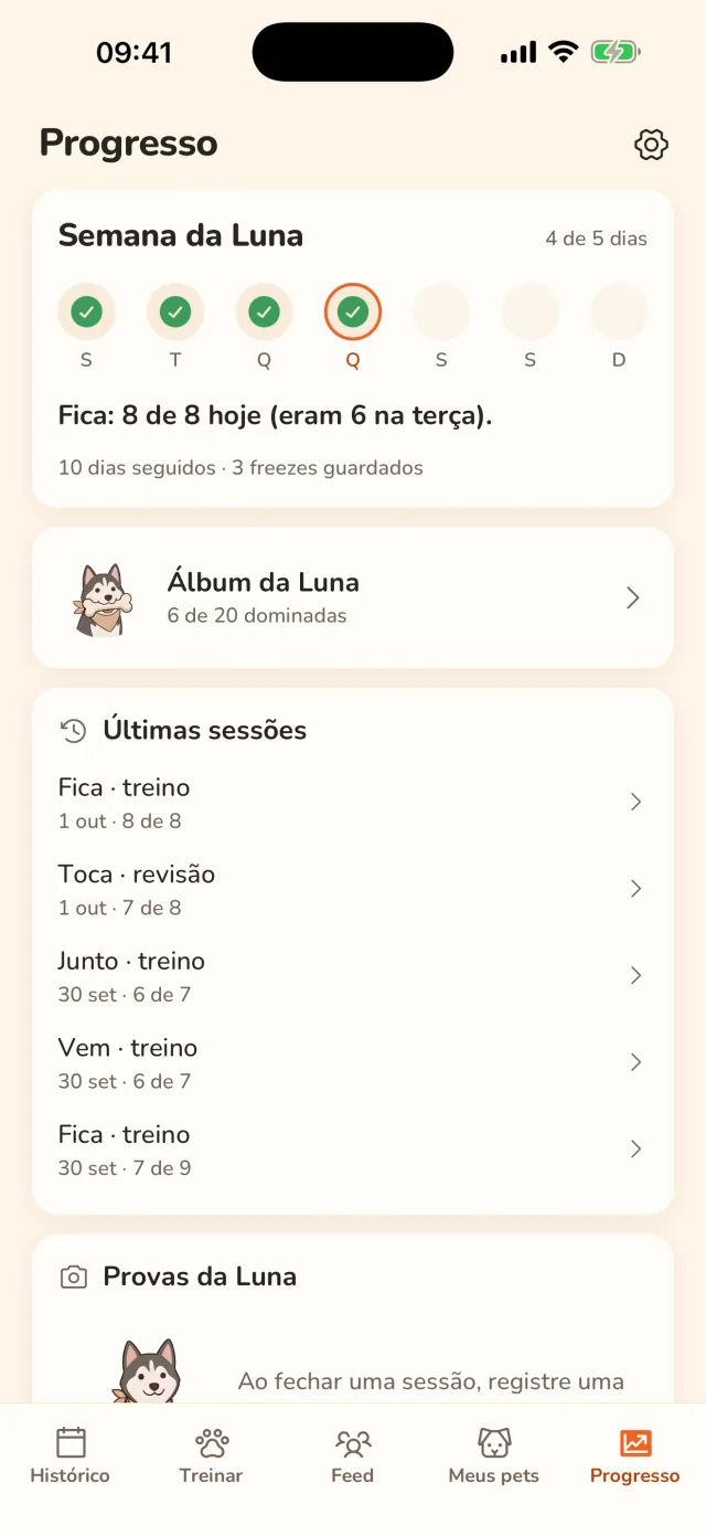 A tela Progresso: a semana da Luna, o álbum das lições dominadas e as últimas sessões.