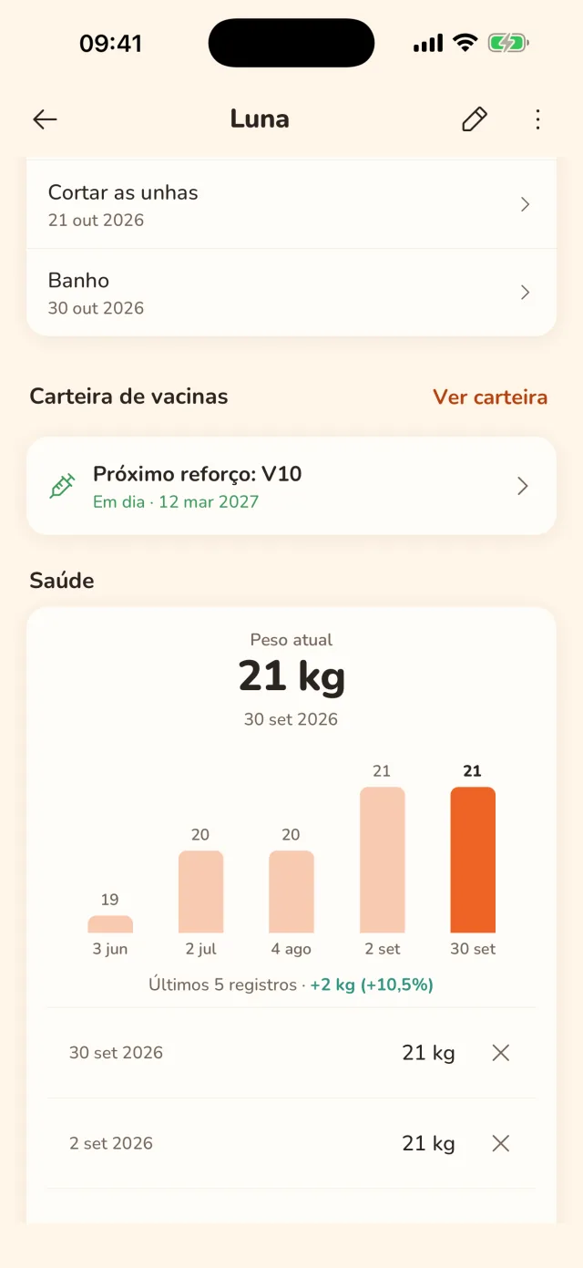O perfil da Luna: os próximos cuidados, a carteira de vacinas em dia e o gráfico do peso, com 21 kg.