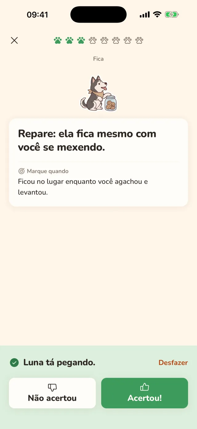 Uma sessão em andamento: três de oito patinhas, o passo da vez e os botões Acertou e Não acertou.