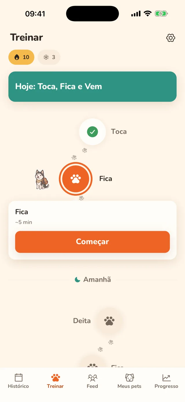 A tela Treinar do Megan: a trilha de hoje, com Toca feita e Fica pronta para começar.